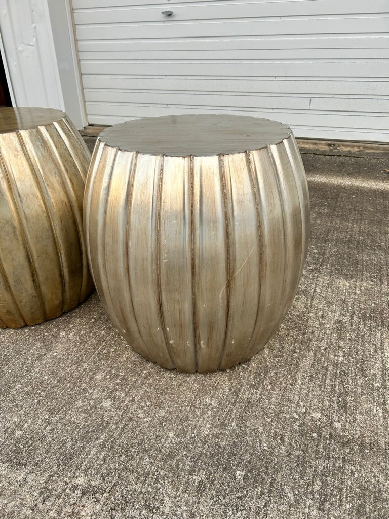 Pair of Pleated Silver Leaf Drum Accent Tables