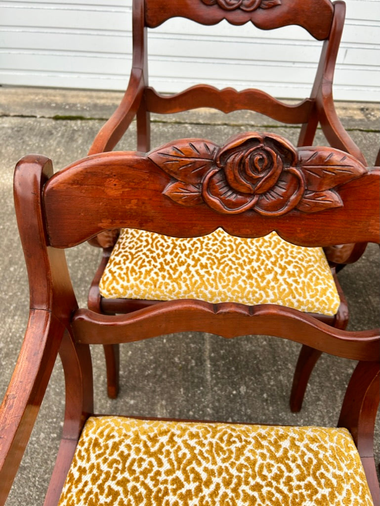 Set of 6 Reupholstered Mahogany Carved Rose Back Dining Chairs