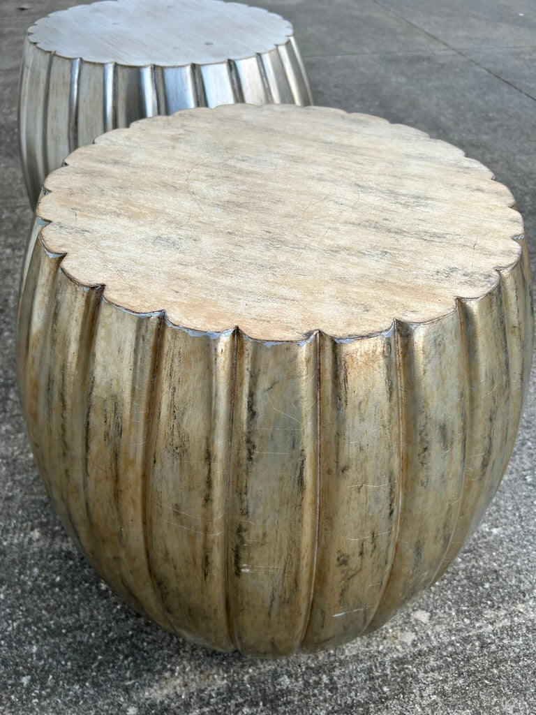 Pair of Pleated Silver Leaf Drum Accent Tables