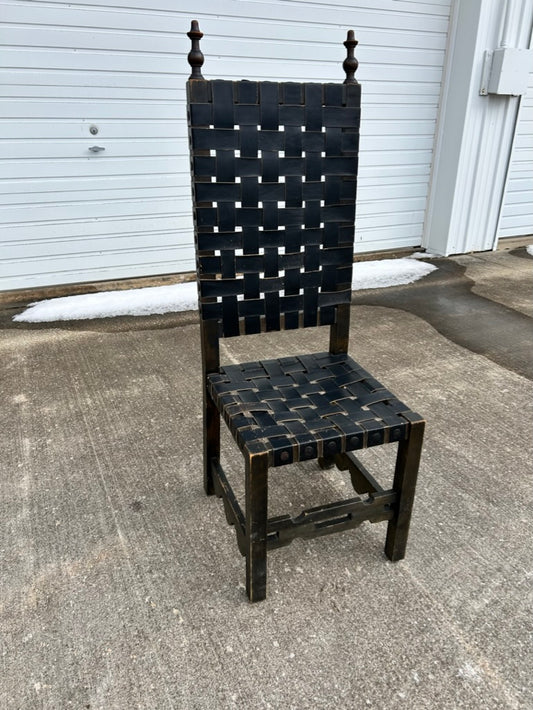 Renaissance-English Antique High Back Chair with Leather Straps