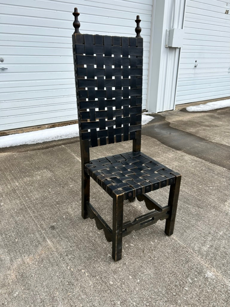 Renaissance-English Antique High Back Chair with Leather Straps
