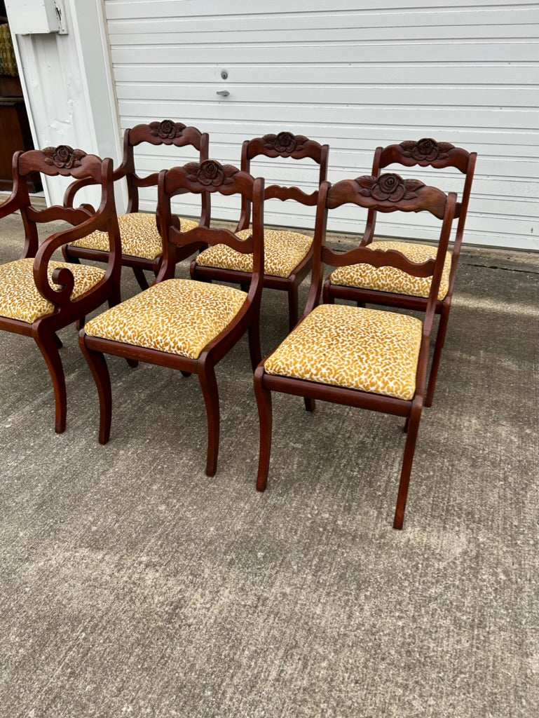 Set of 6 Reupholstered Mahogany Carved Rose Back Dining Chairs