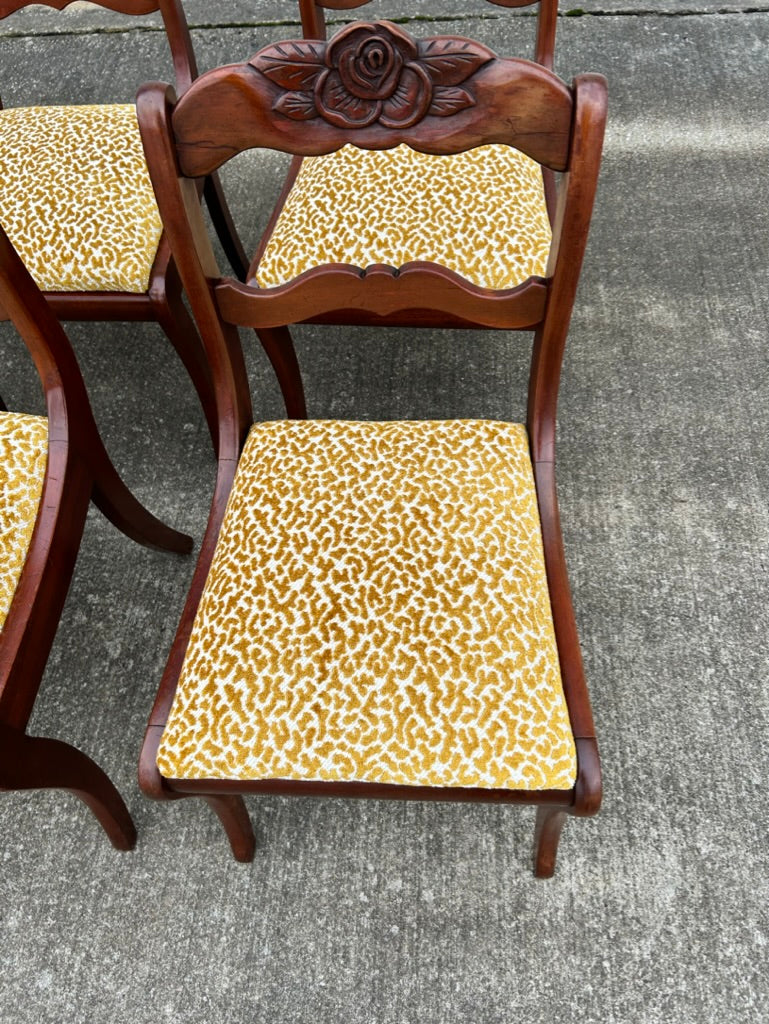 Set of 6 Reupholstered Mahogany Carved Rose Back Dining Chairs