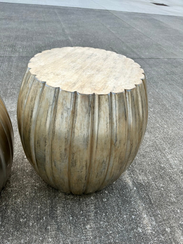 Pair of Pleated Silver Leaf Drum Accent Tables