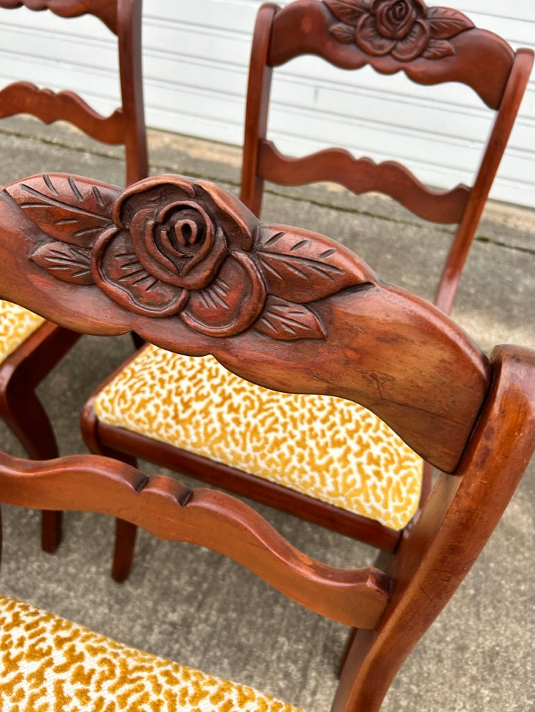 Set of 6 Reupholstered Mahogany Carved Rose Back Dining Chairs