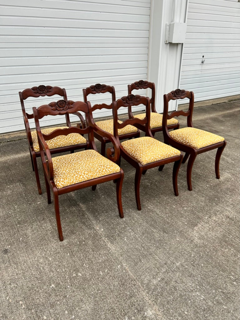 Set of 6 Reupholstered Mahogany Carved Rose Back Dining Chairs