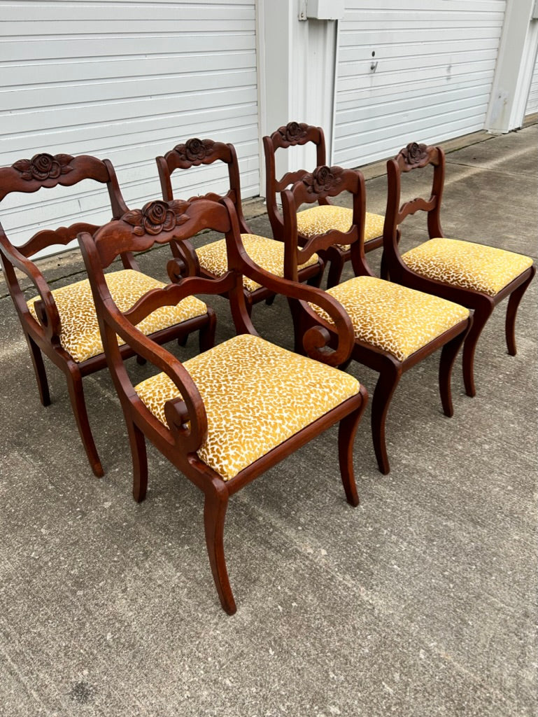 Set of 6 Reupholstered Mahogany Carved Rose Back Dining Chairs