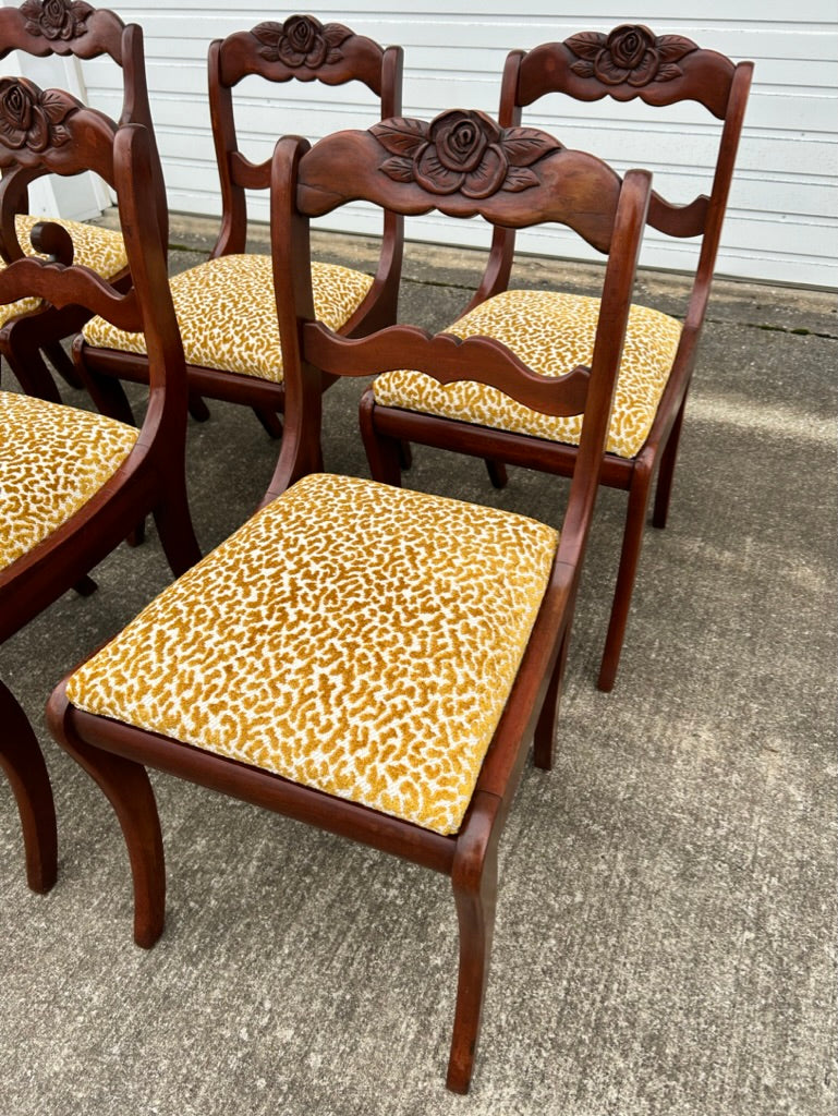 Set of 6 Reupholstered Mahogany Carved Rose Back Dining Chairs