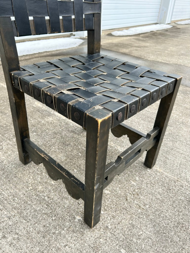 Renaissance-English Antique High Back Chair with Leather Straps
