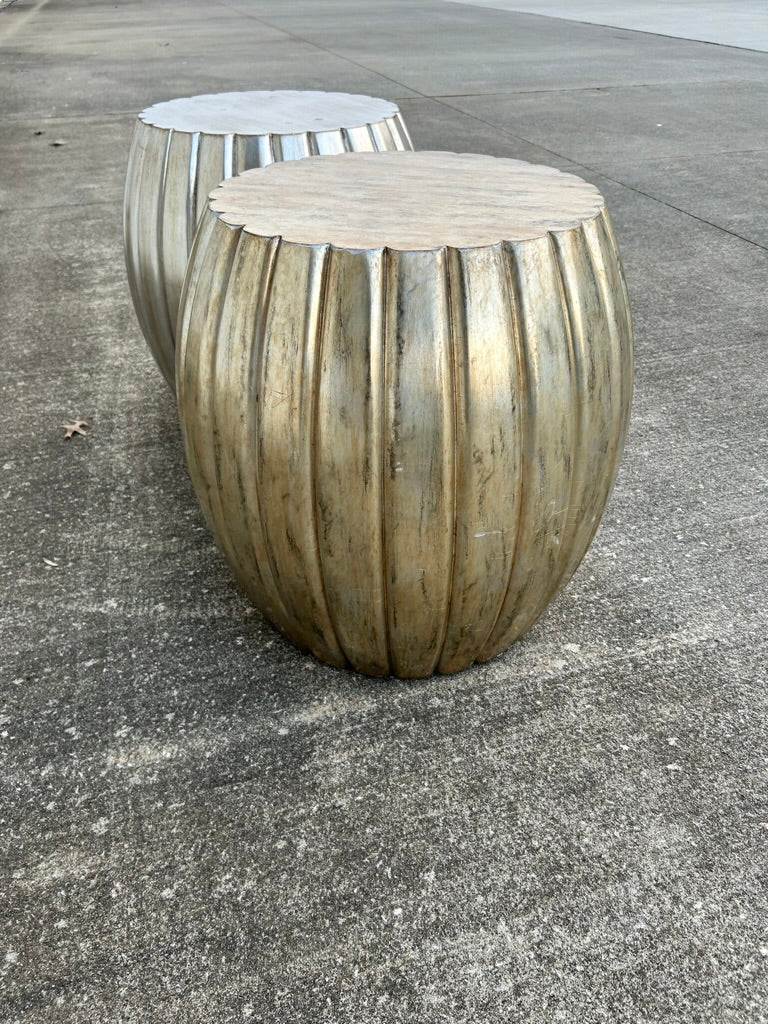 Pair of Pleated Silver Leaf Drum Accent Tables