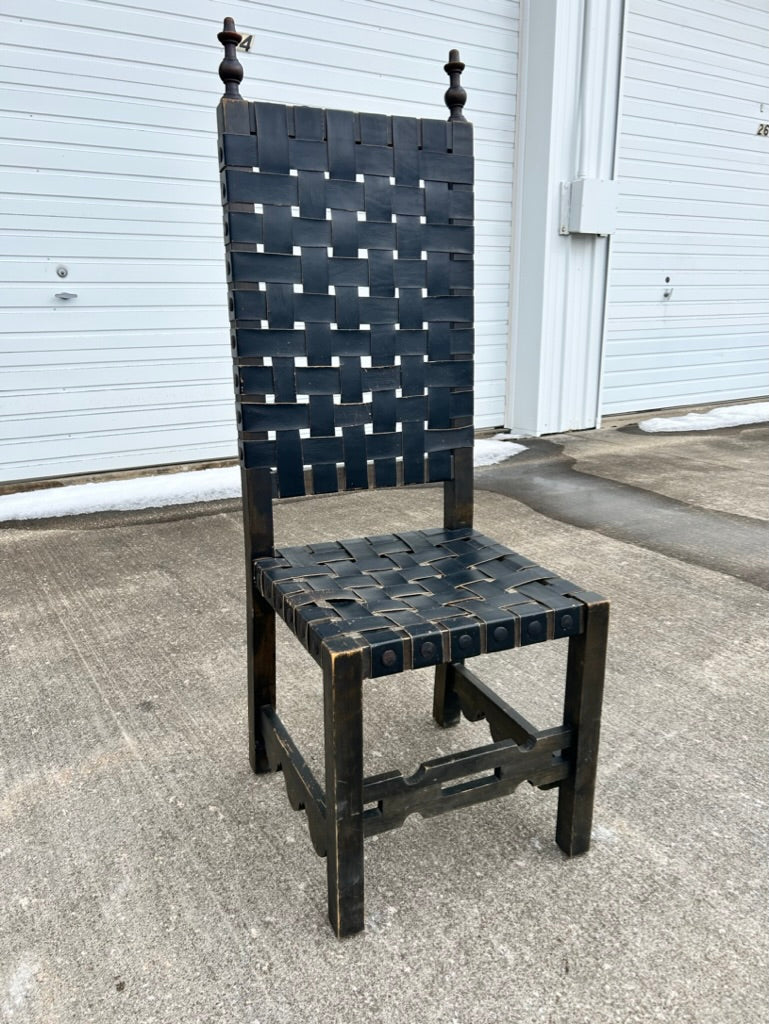 Renaissance-English Antique High Back Chair with Leather Straps