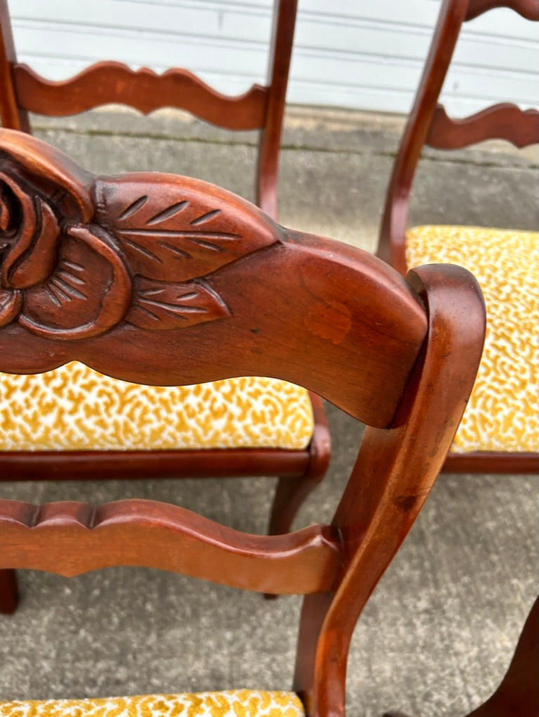 Set of 6 Reupholstered Mahogany Carved Rose Back Dining Chairs
