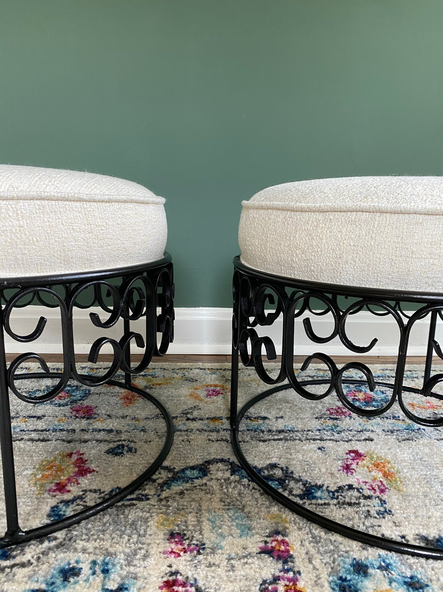 Pair of Arthur Umanoff Wrought Iron Stools - Reupholstered