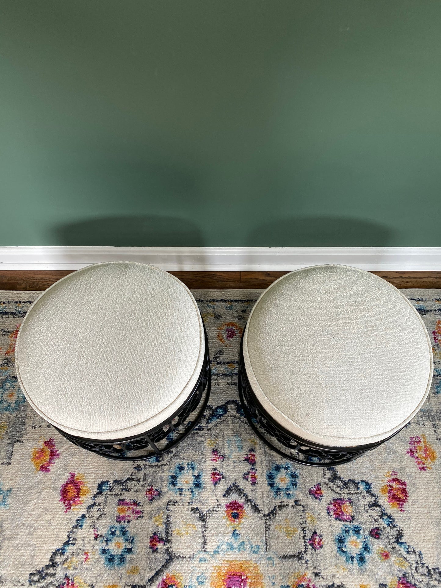 Pair of Arthur Umanoff Wrought Iron Stools - Reupholstered