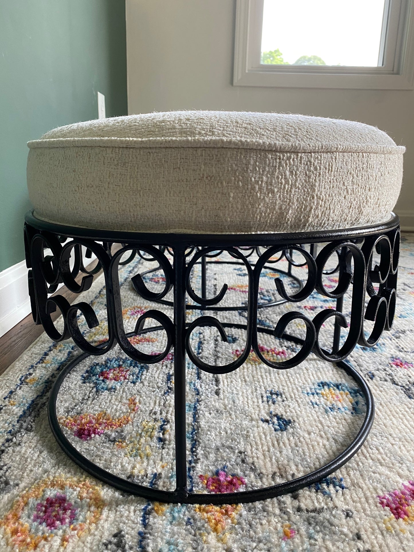 Pair of Arthur Umanoff Wrought Iron Stools - Reupholstered