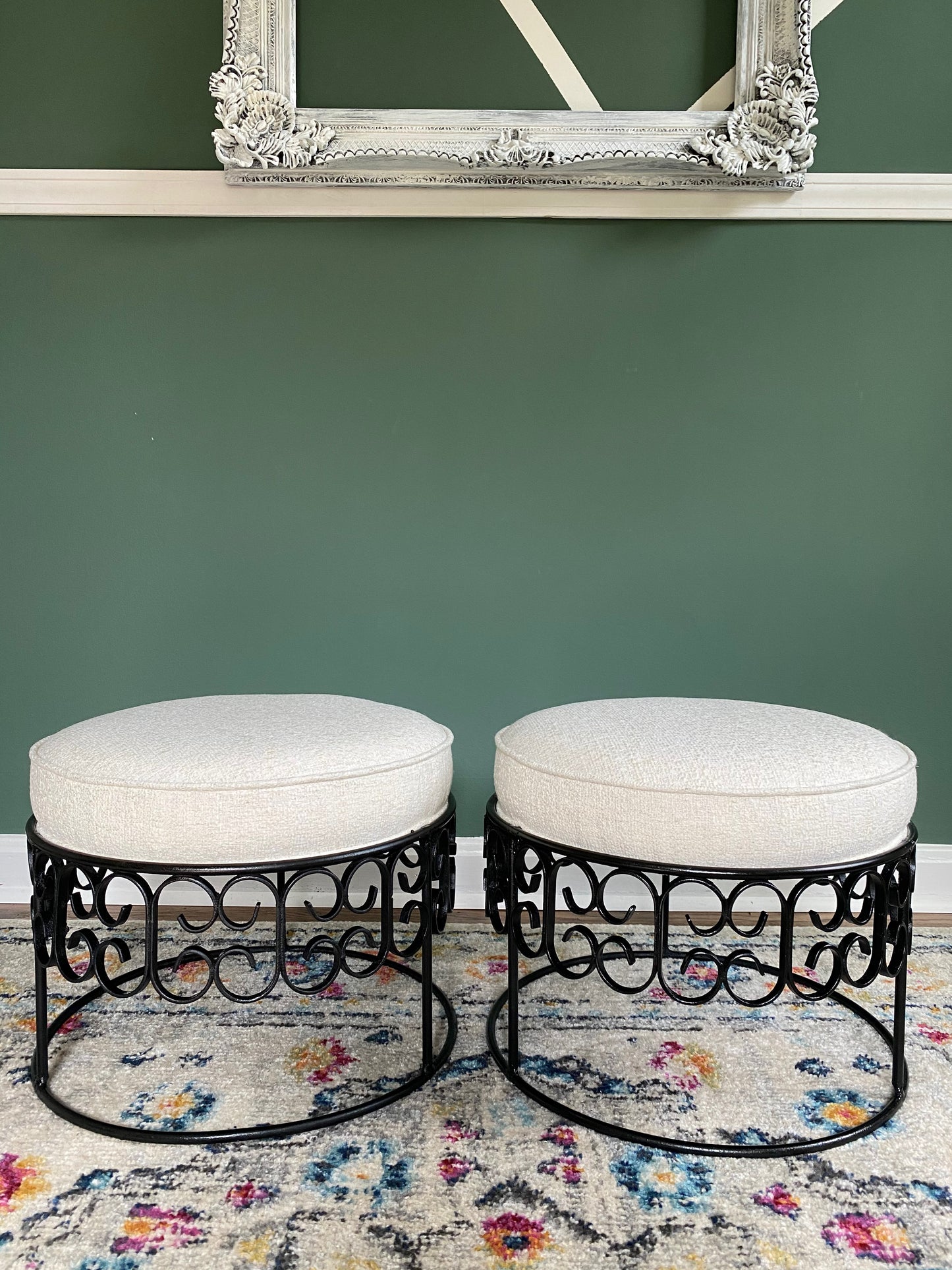 Pair of Arthur Umanoff Wrought Iron Stools - Reupholstered