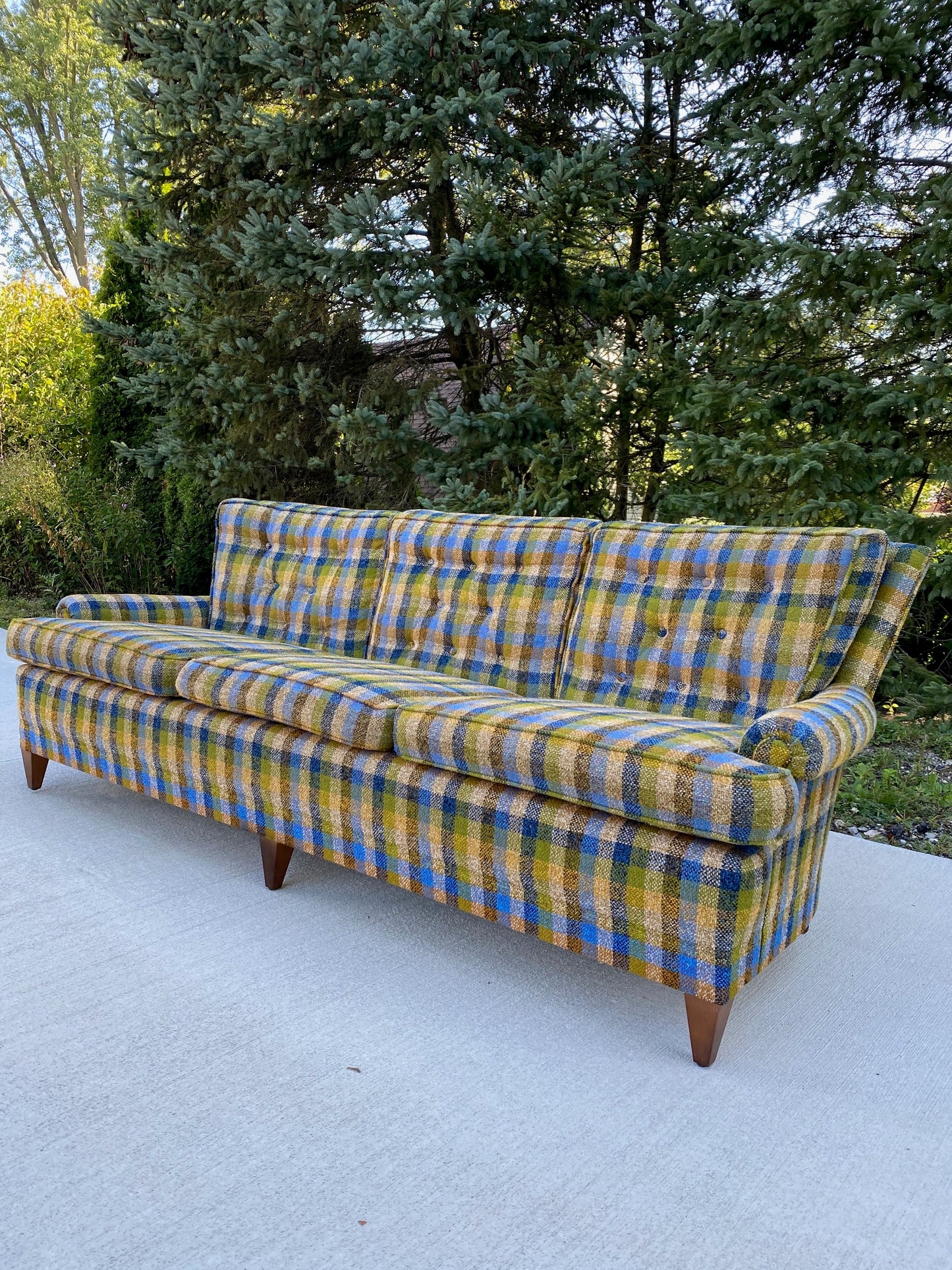 Mid-Century Modern Green Plaid 3-Seater Sofa