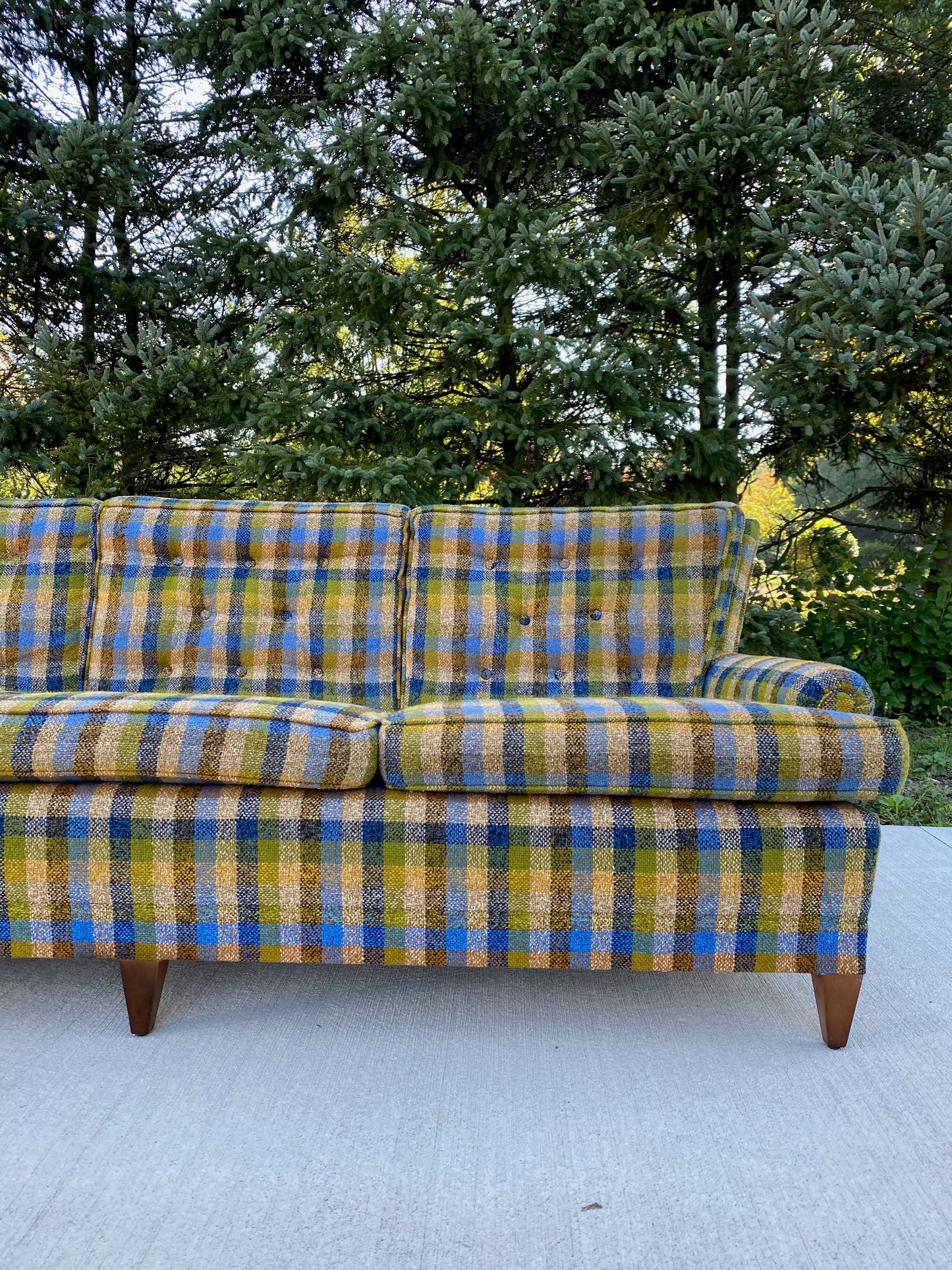 Mid-Century Modern Green Plaid 3-Seater Sofa