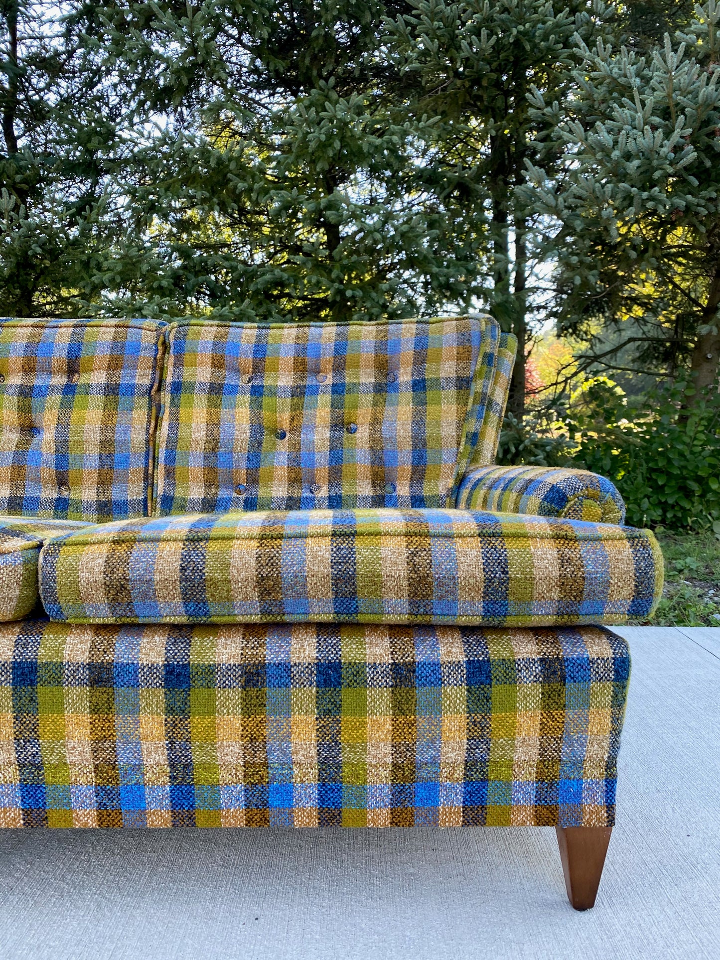 Mid-Century Modern Green Plaid 3-Seater Sofa
