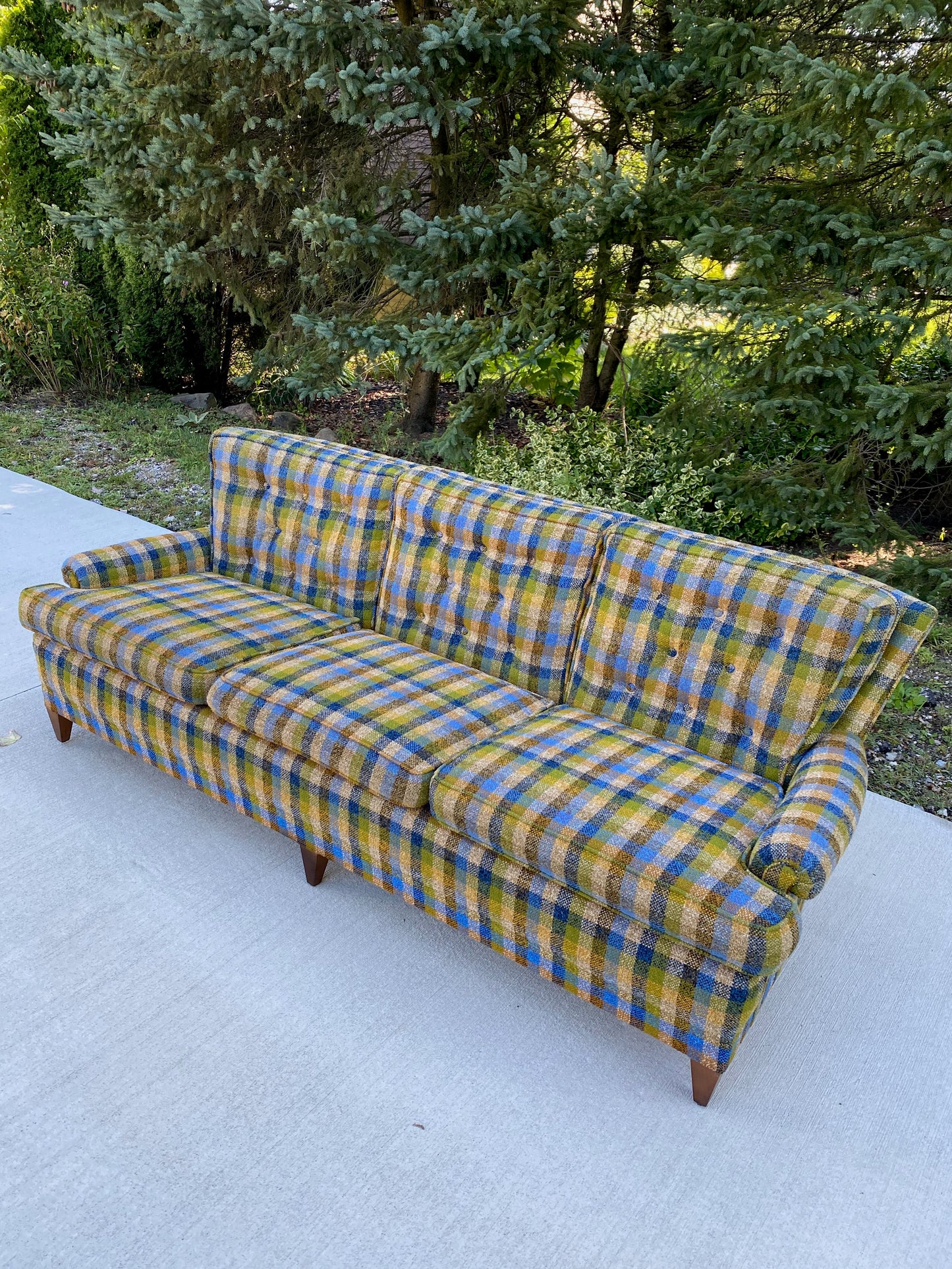 Mid-Century Modern Green Plaid 3-Seater Sofa