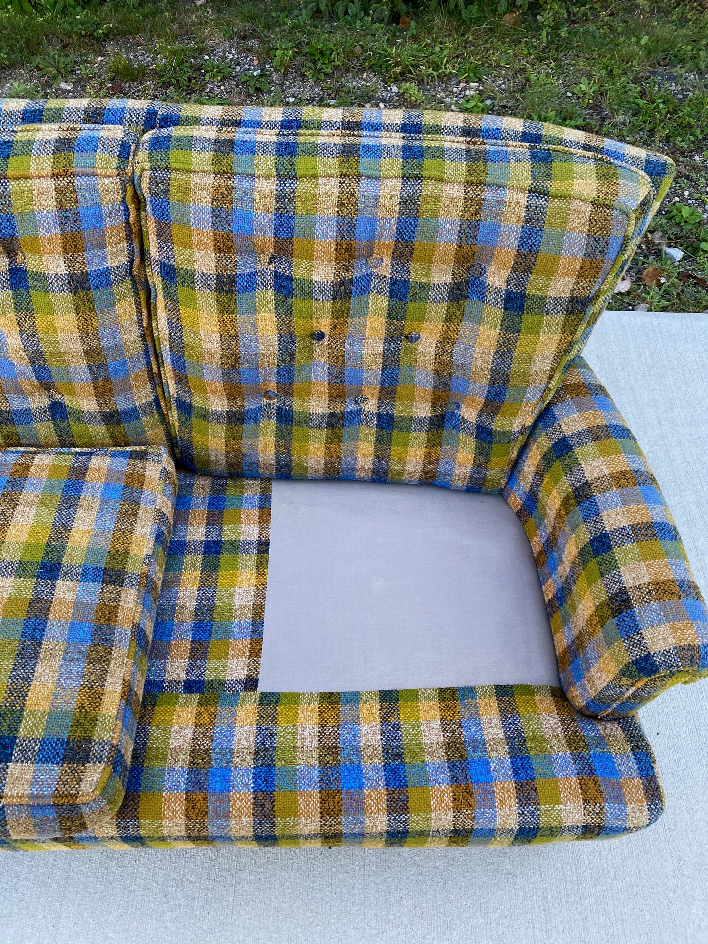 Mid-Century Modern Green Plaid 3-Seater Sofa