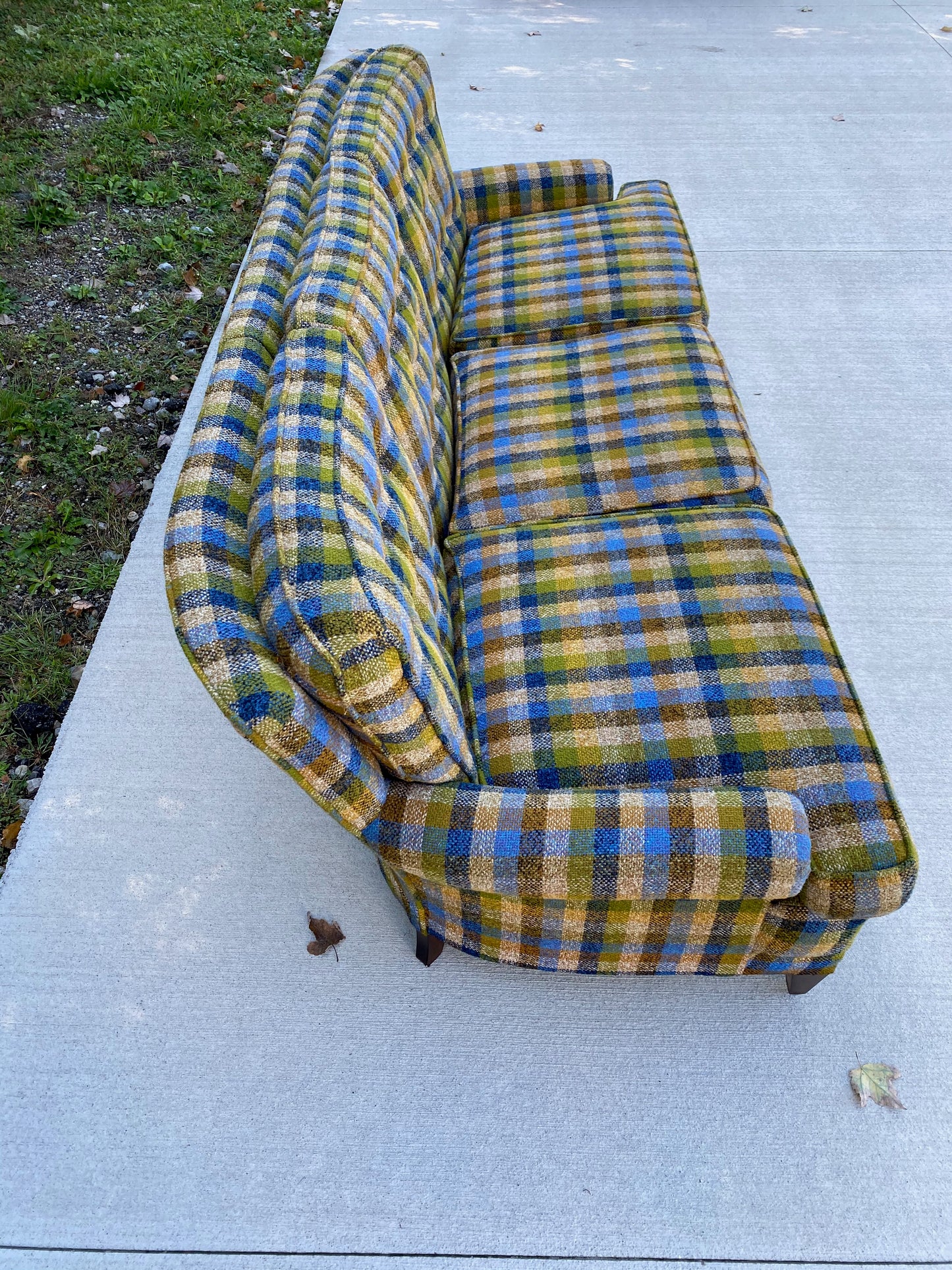 Mid-Century Modern Green Plaid 3-Seater Sofa