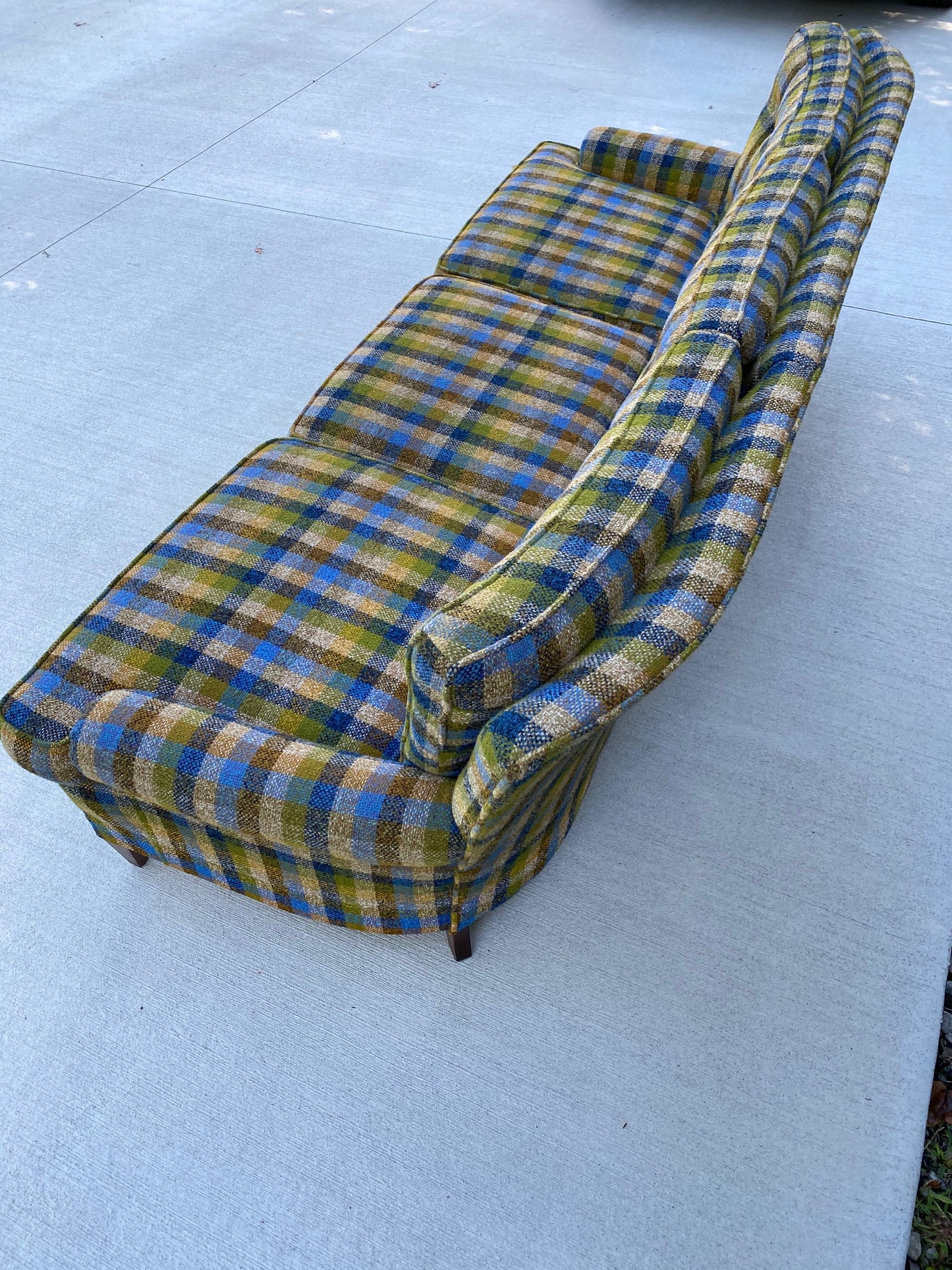 Mid-Century Modern Green Plaid 3-Seater Sofa