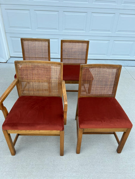 Set of 4 Reupholstered Cane Back Dining Chairs by American Martinsville