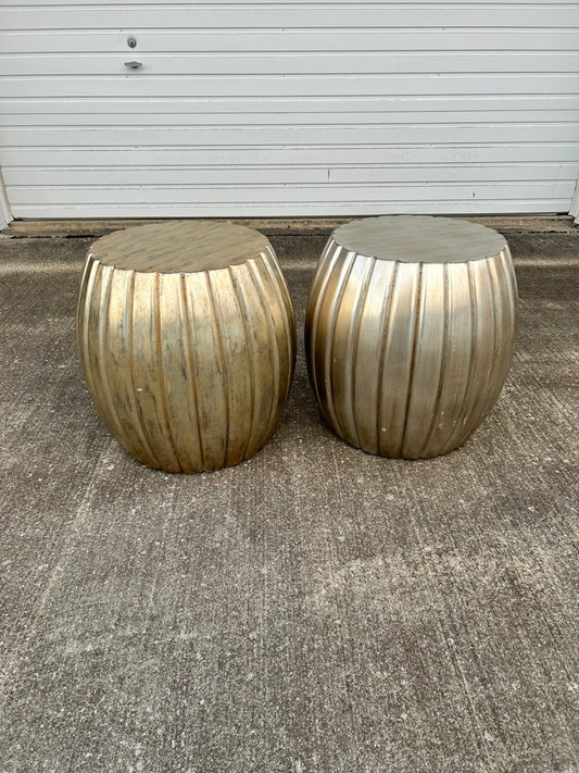 Pair of Pleated Silver Leaf Drum Accent Tables