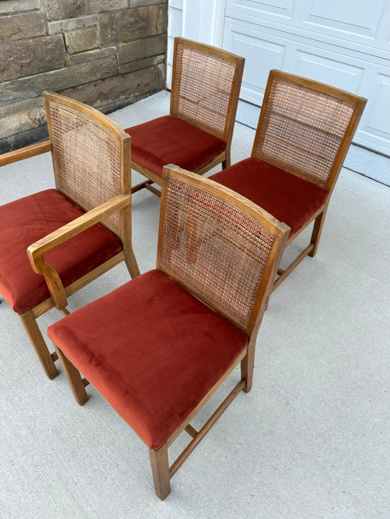 Set of 4 Reupholstered Cane Back Dining Chairs by American Martinsville