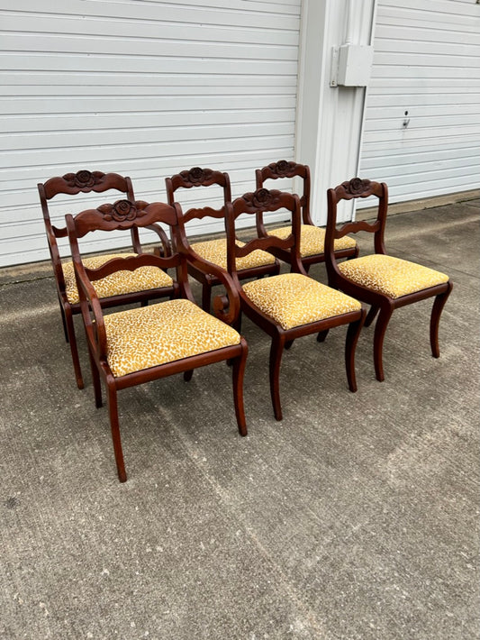 Set of 6 Reupholstered Mahogany Carved Rose Back Dining Chairs
