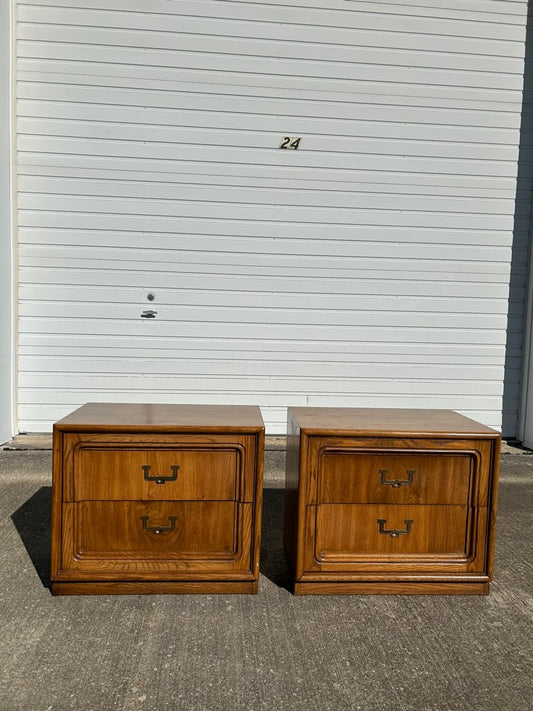 Pair of Thomasville Campaign Oak Nightstands