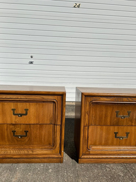 Pair of Thomasville Campaign Oak Nightstands