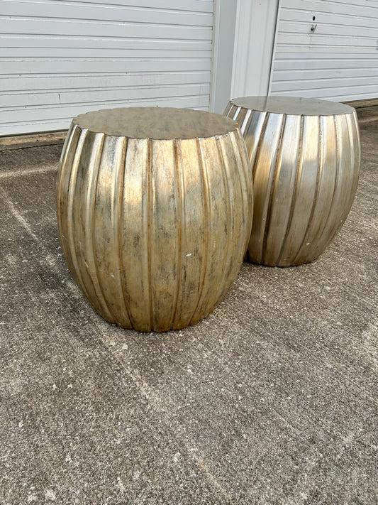 Pair of Pleated Silver Leaf Drum Accent Tables