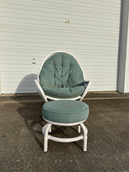 White Rattan Upholstered Swivel Egg Chair with Ottoman