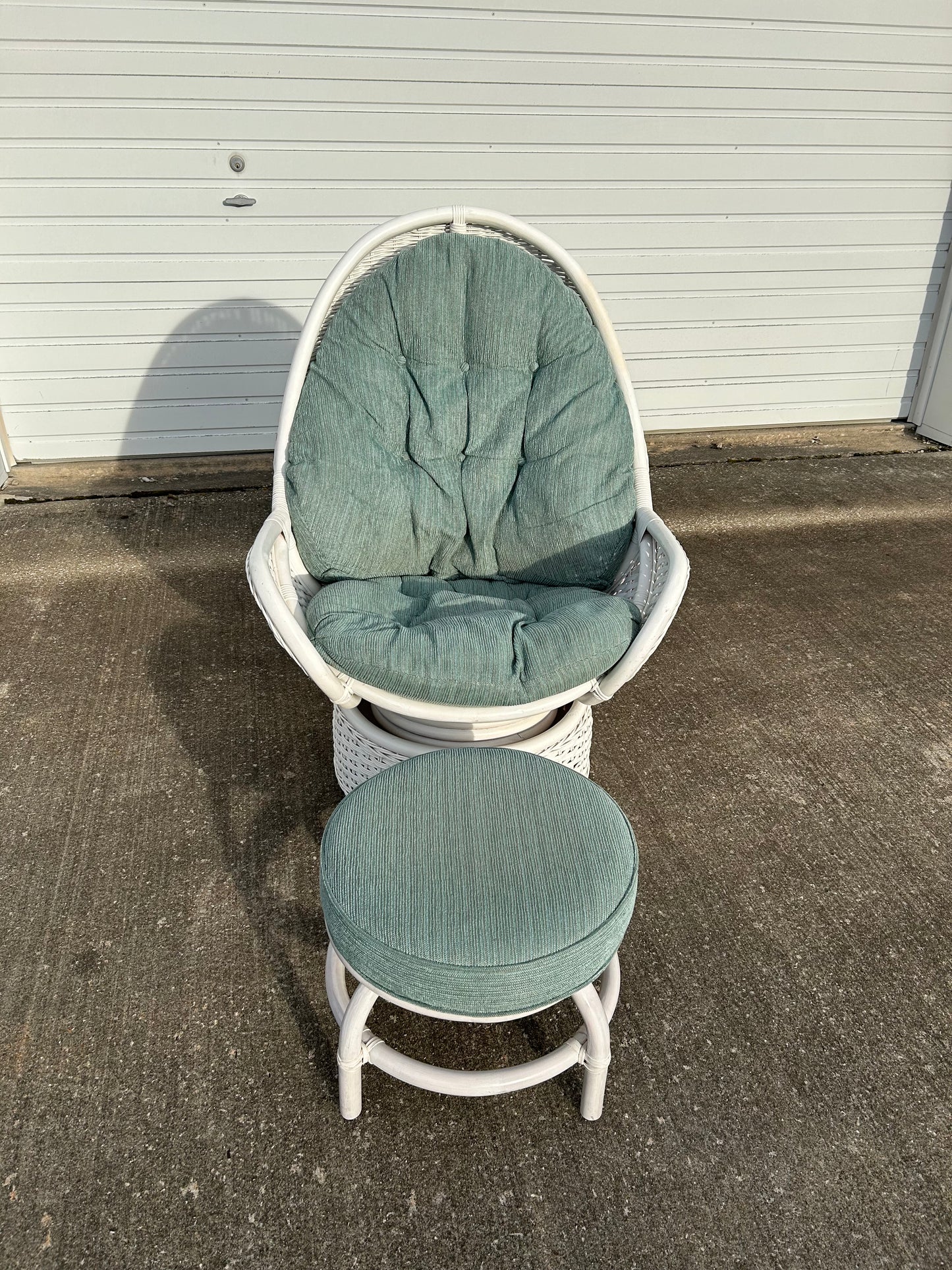 White Rattan Upholstered Swivel Egg Chair with Ottoman