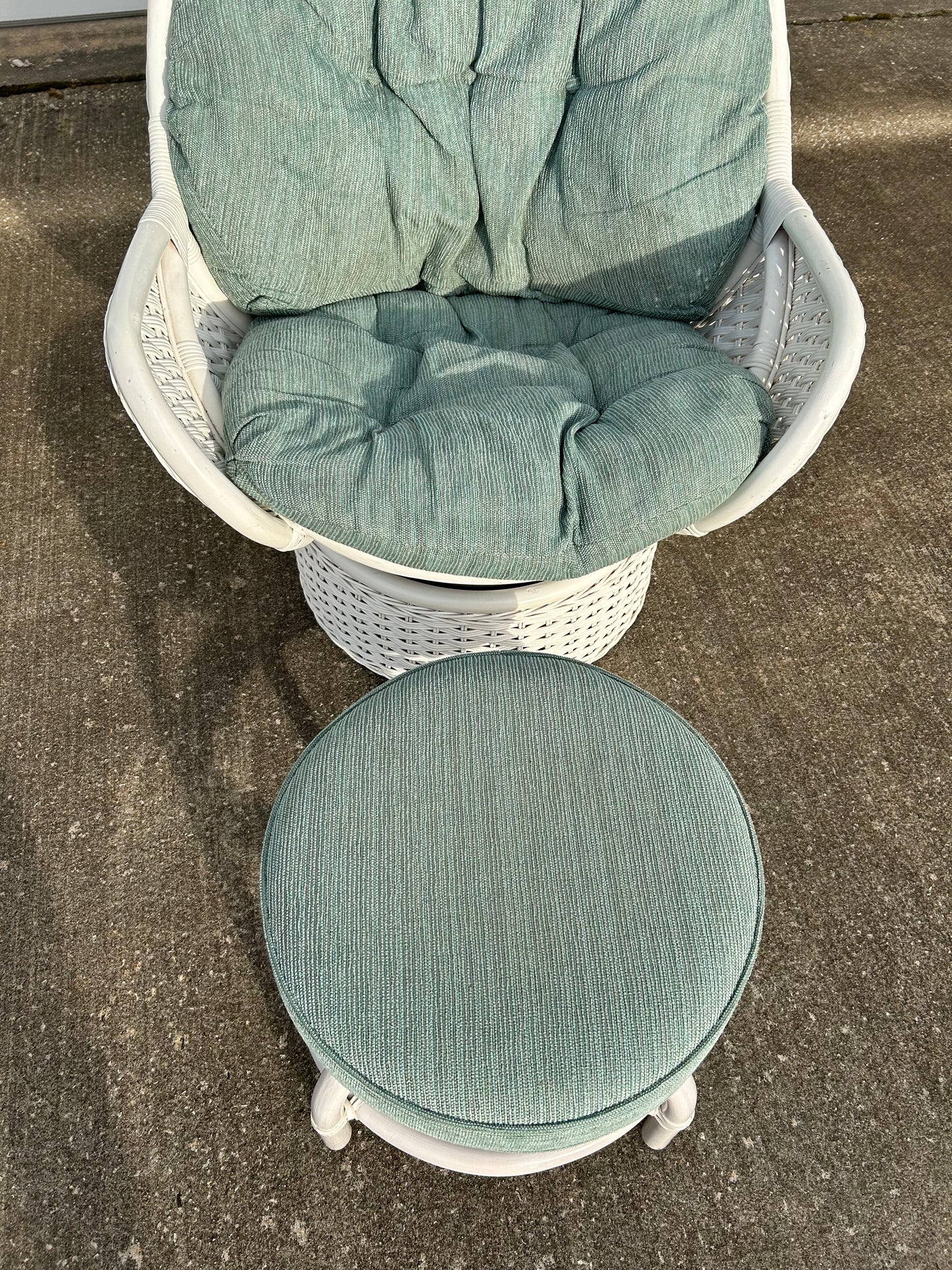 White Rattan Upholstered Swivel Egg Chair with Ottoman