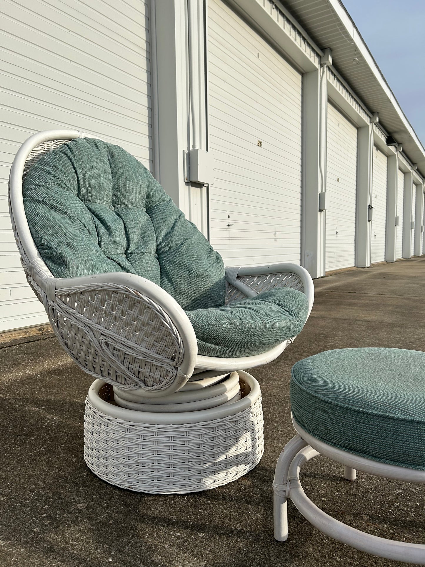 White Rattan Upholstered Swivel Egg Chair with Ottoman