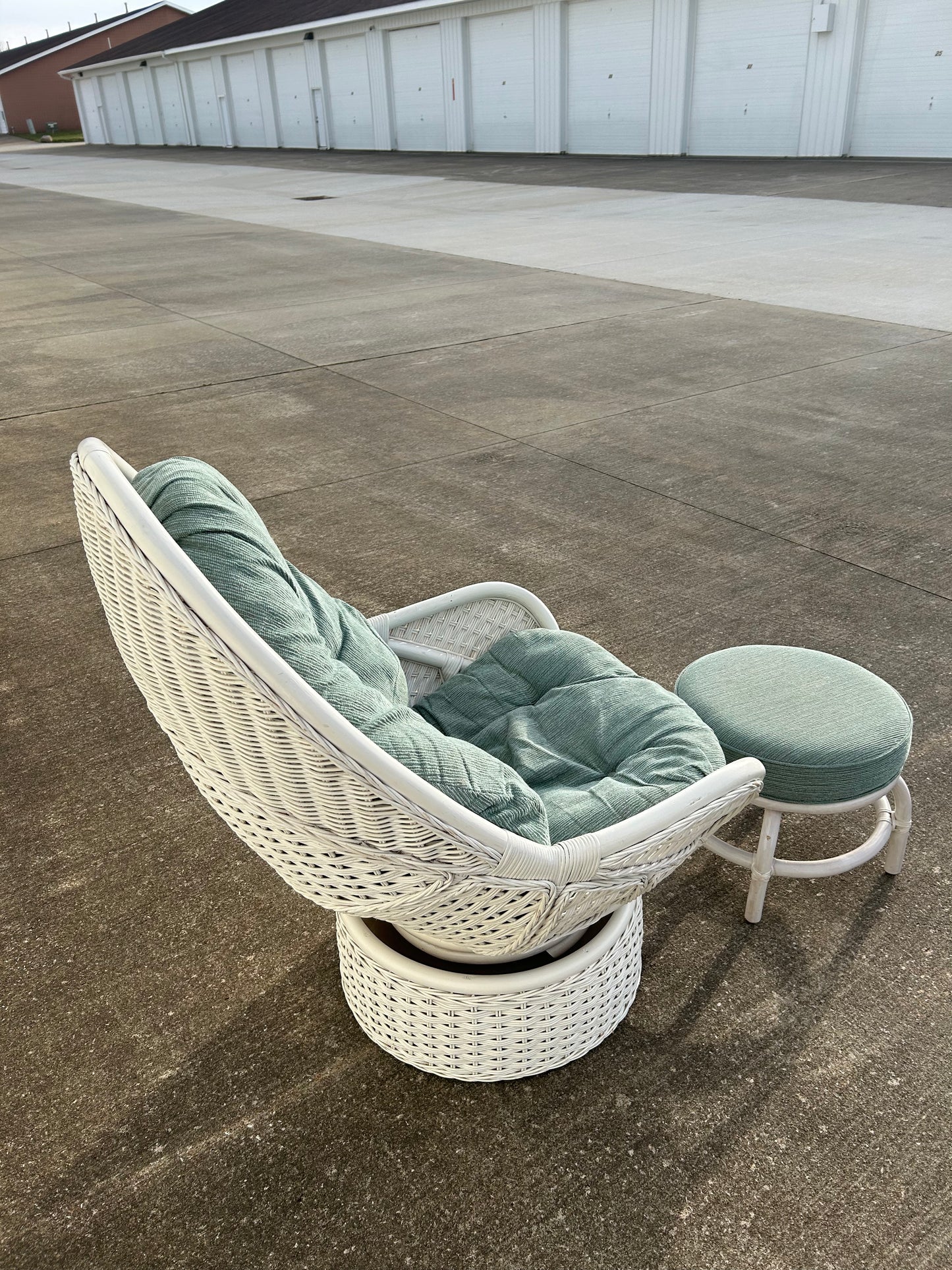 White Rattan Upholstered Swivel Egg Chair with Ottoman