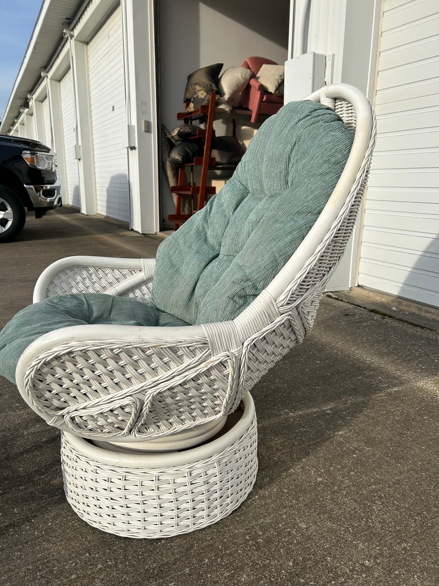 White Rattan Upholstered Swivel Egg Chair with Ottoman