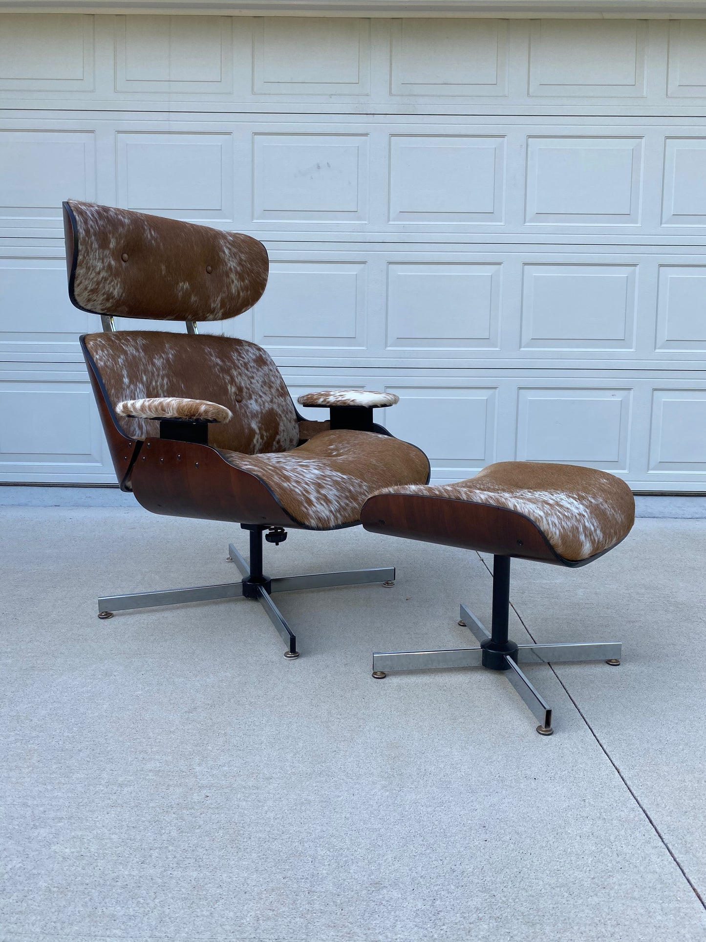 Reupholstered Mcm Eames Seling "Style" Lounge Chair Set in Cowhide