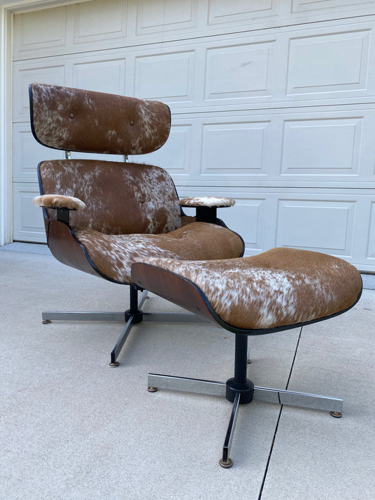 Reupholstered Mcm Eames Seling "Style" Lounge Chair Set in Cowhide