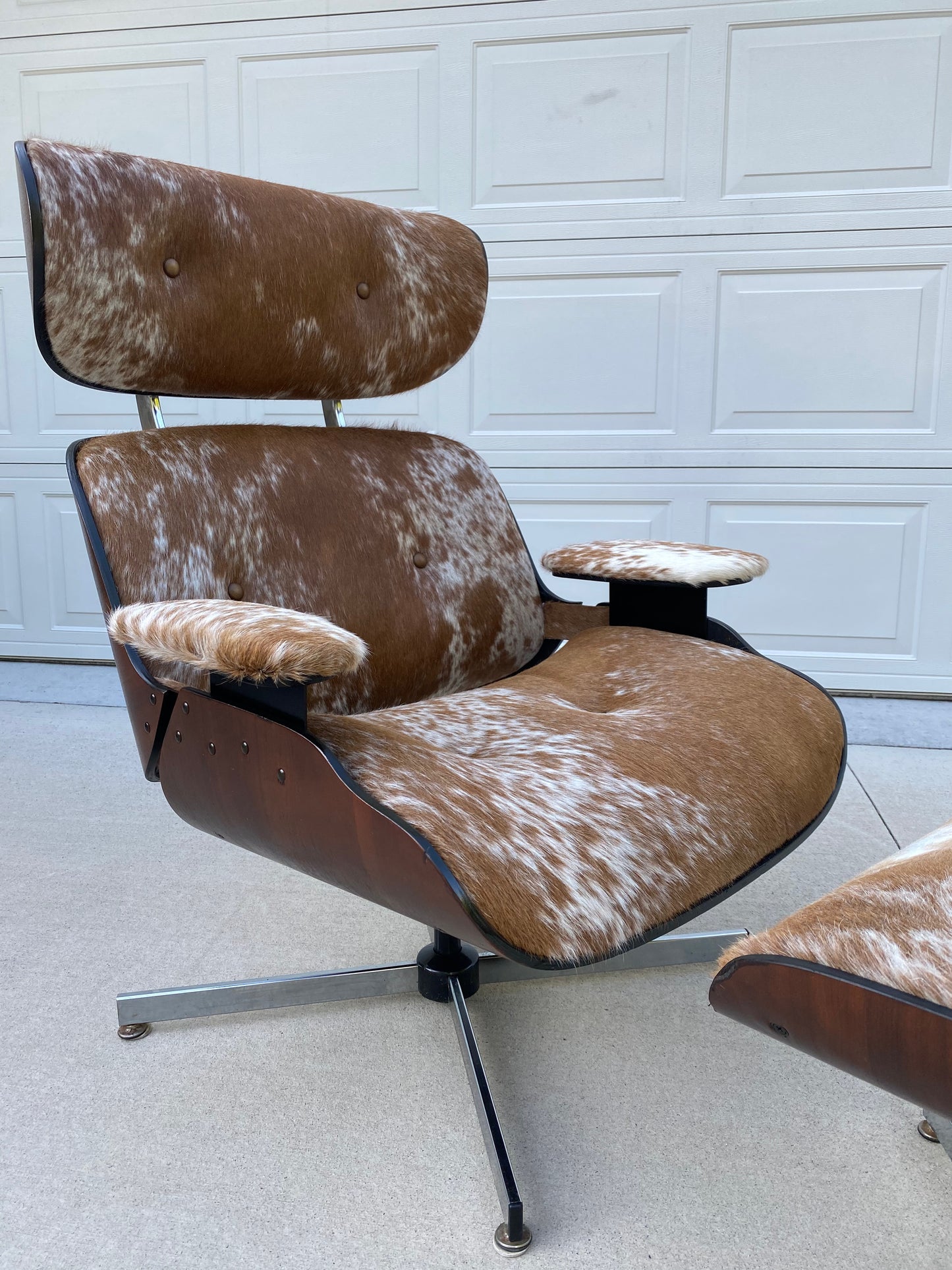 Reupholstered Mcm Eames Seling "Style" Lounge Chair Set in Cowhide