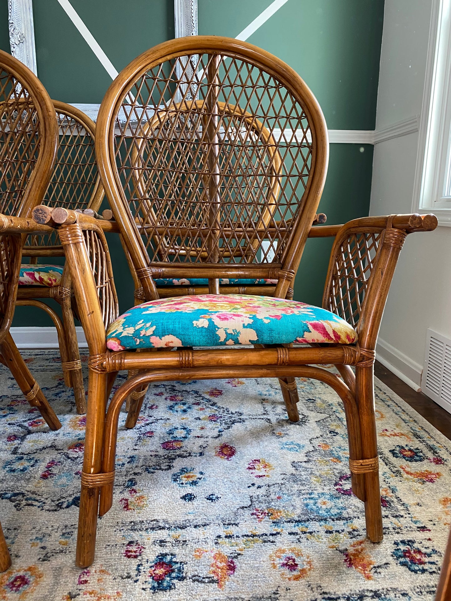 Set of Four Bamboo/Rattan Hollywood Regency Peacock Dining Armchairs