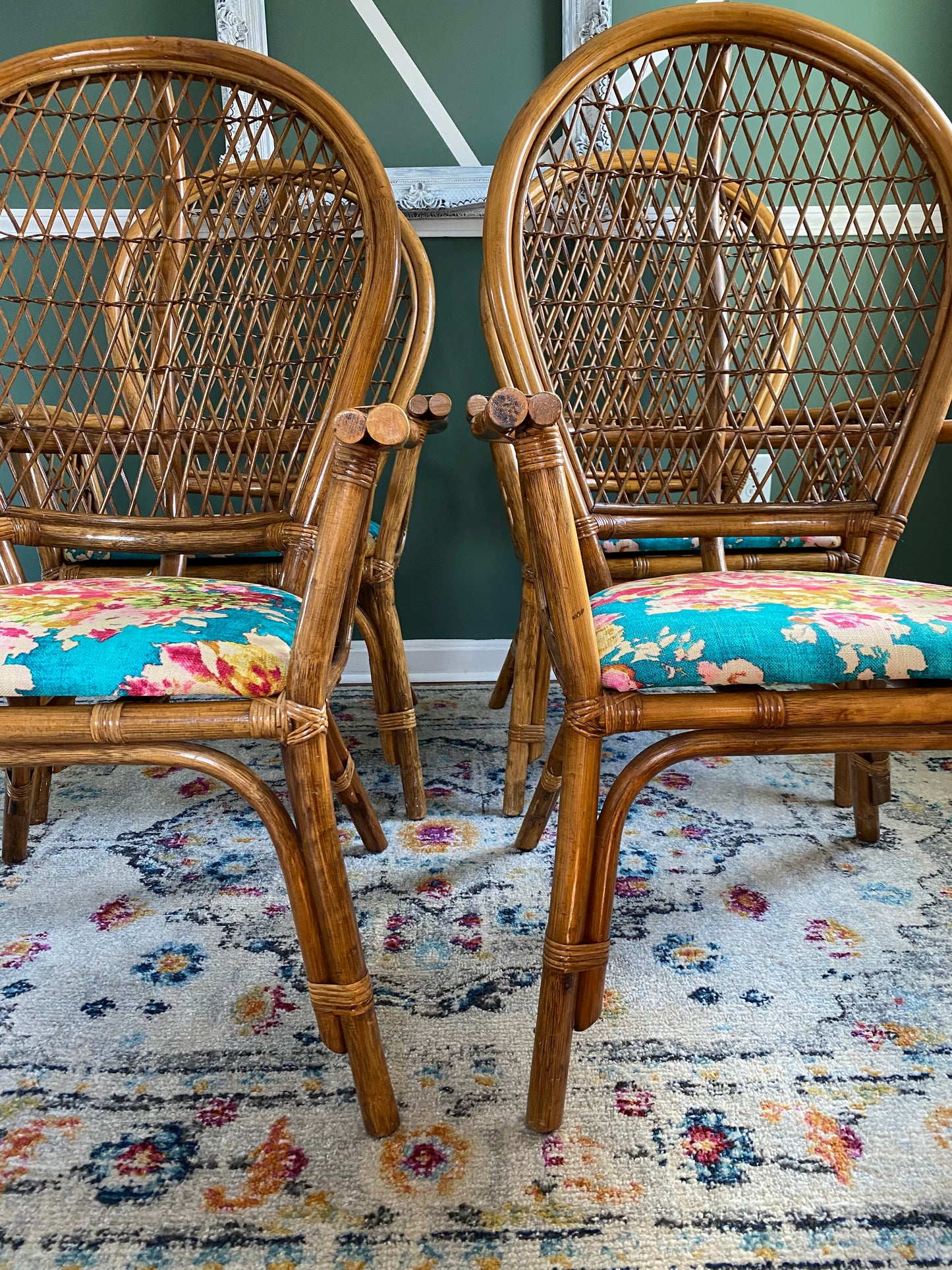 Set of Four Bamboo/Rattan Hollywood Regency Peacock Dining Armchairs