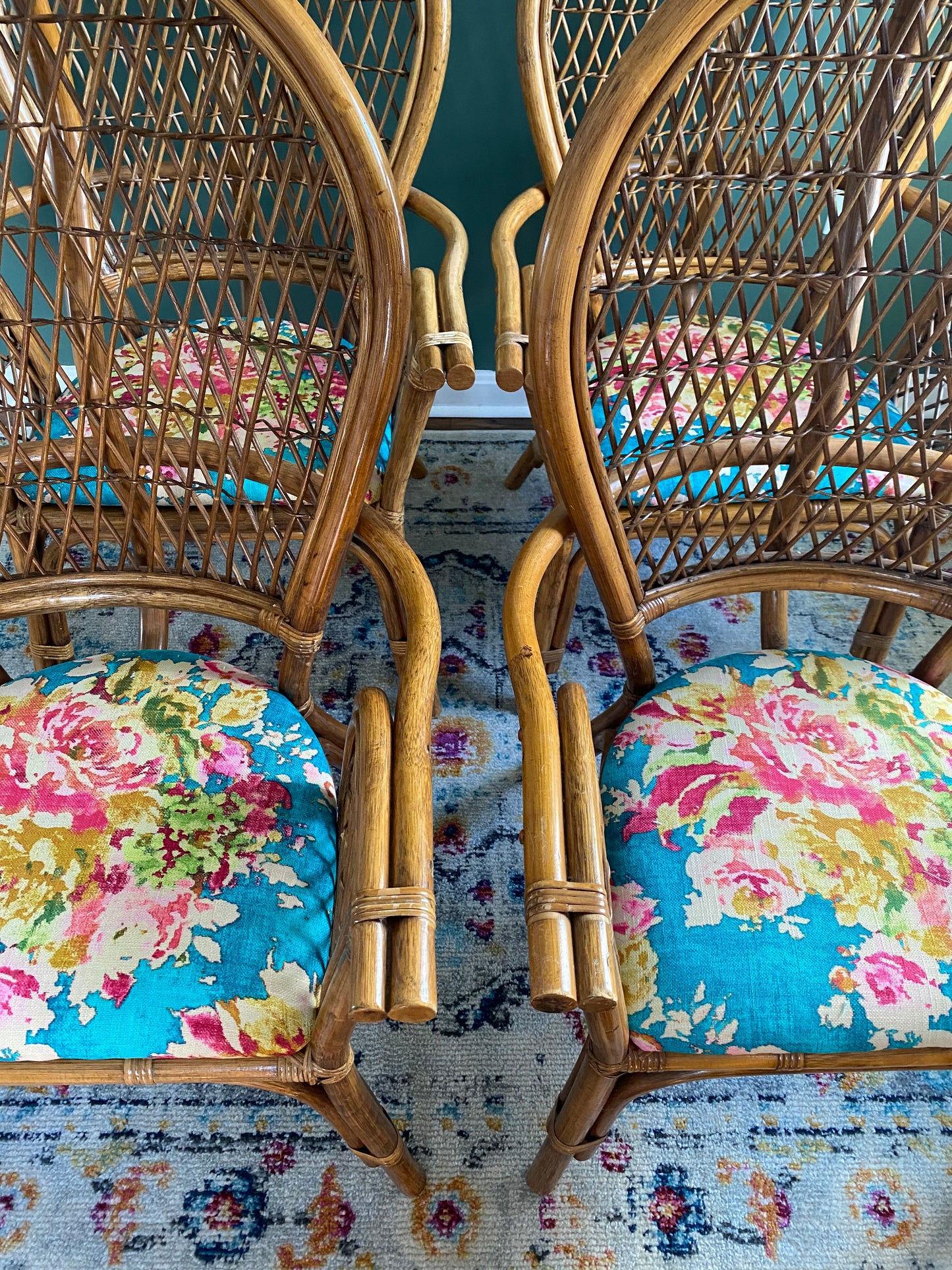 Set of Four Bamboo/Rattan Hollywood Regency Peacock Dining Armchairs