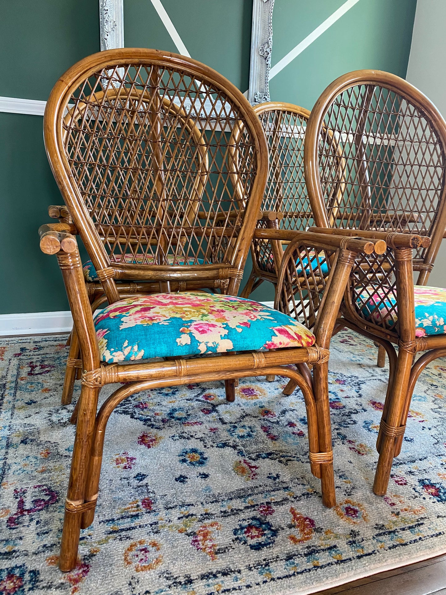 Set of Four Bamboo/Rattan Hollywood Regency Peacock Dining Armchairs