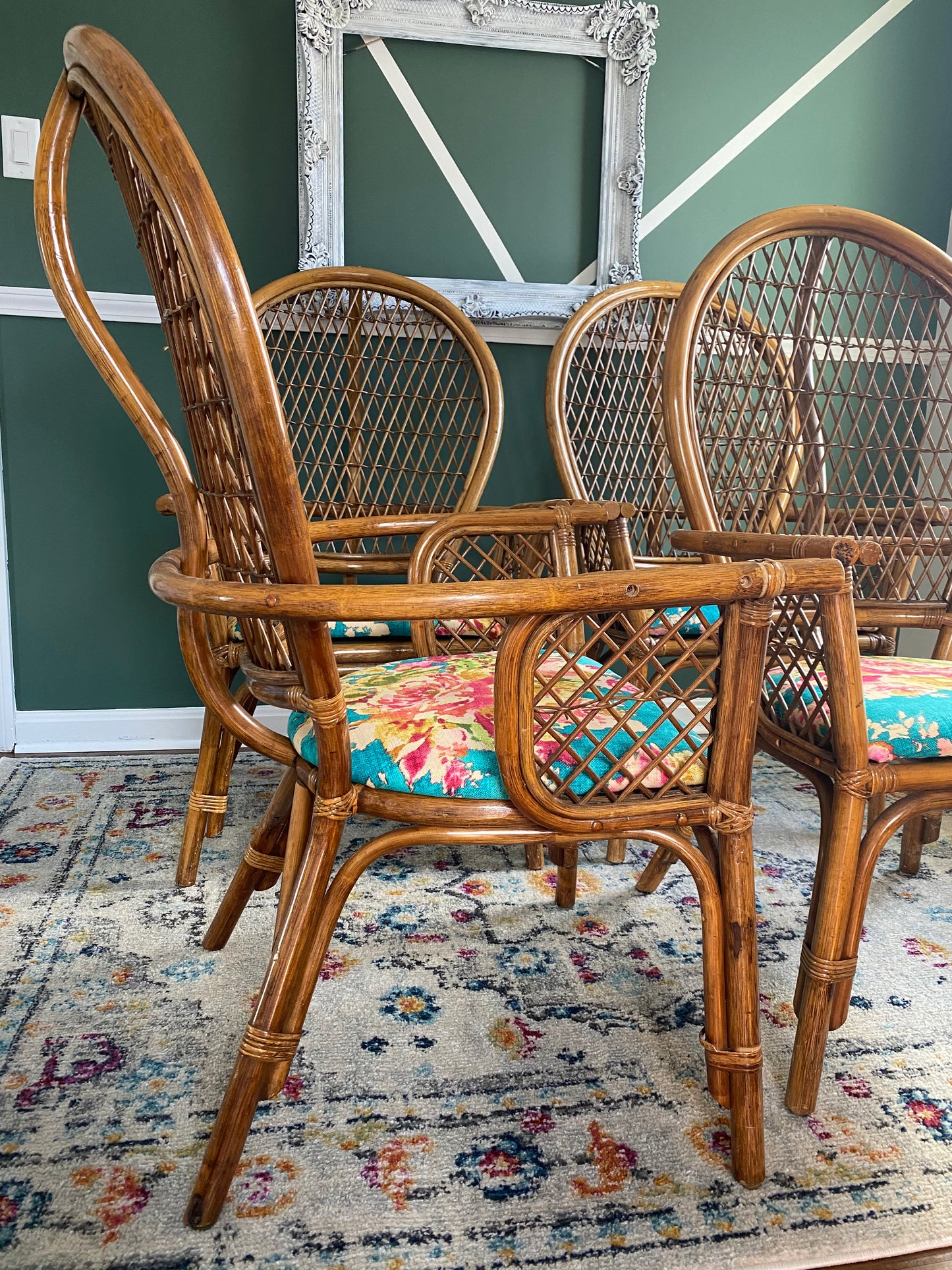 Set of Four Bamboo/Rattan Hollywood Regency Peacock Dining Armchairs