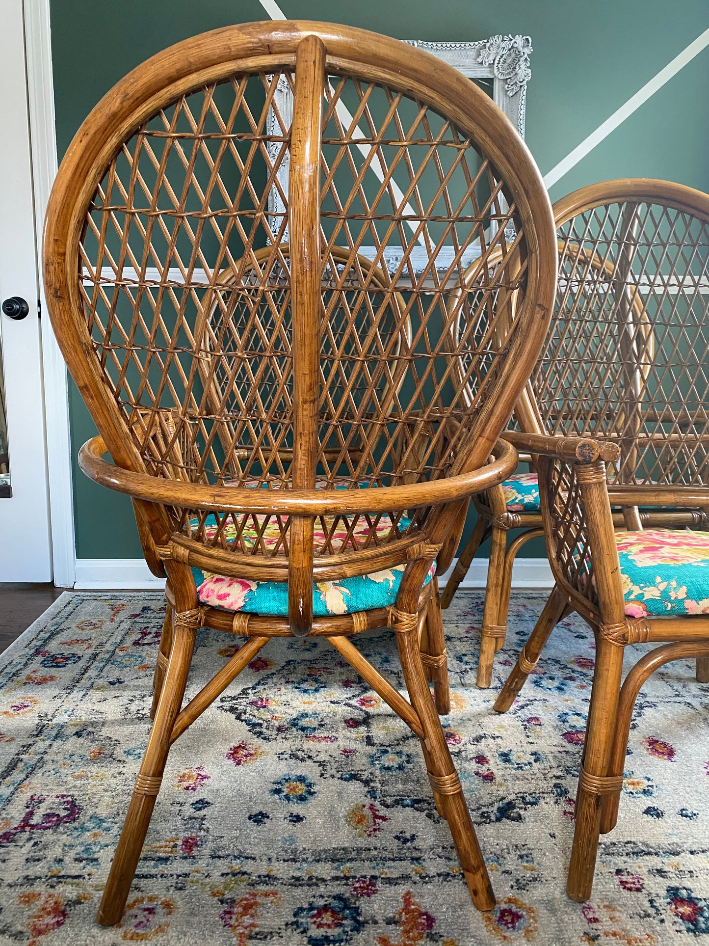 Set of Four Bamboo/Rattan Hollywood Regency Peacock Dining Armchairs