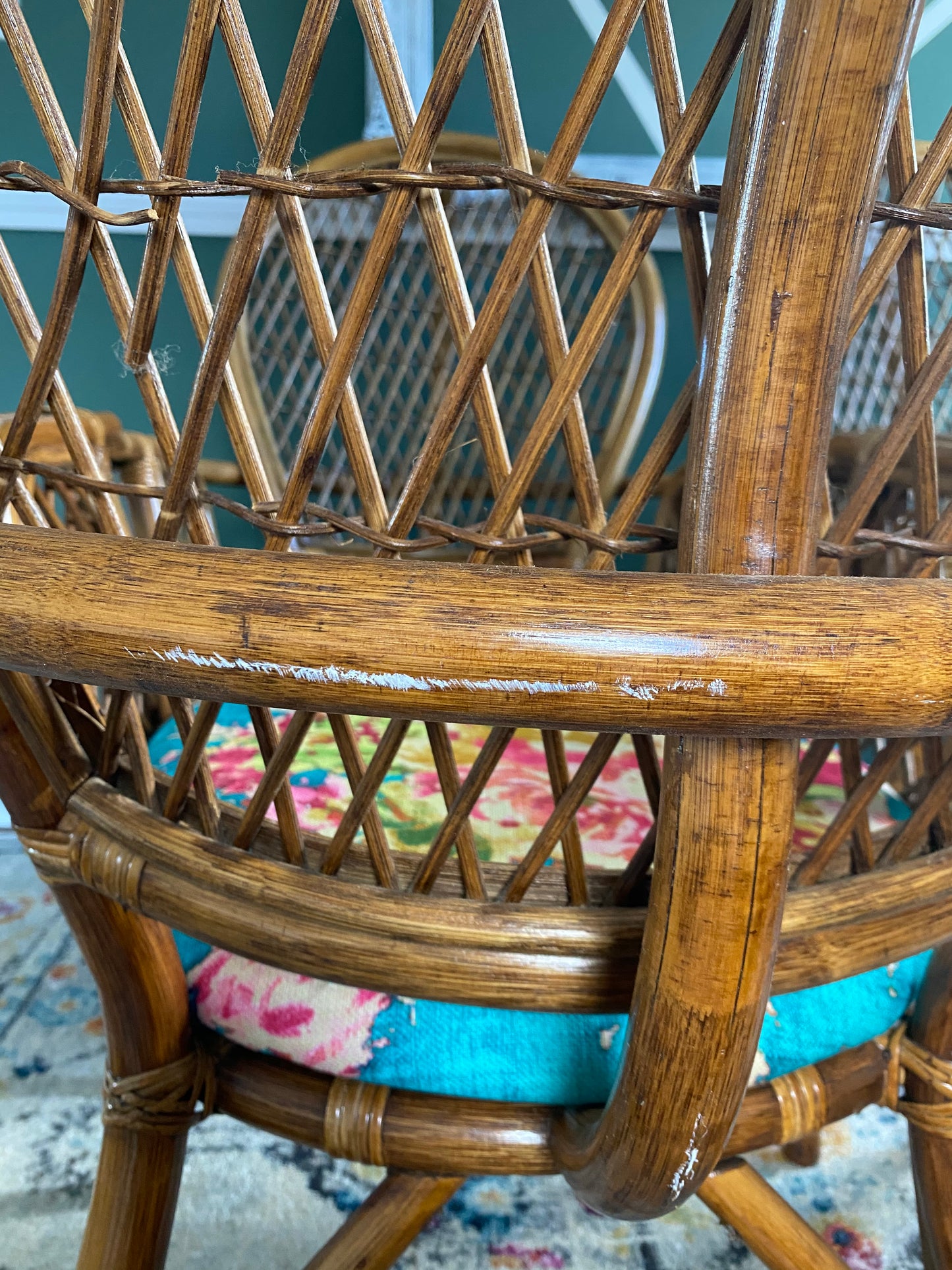 Set of Four Bamboo/Rattan Hollywood Regency Peacock Dining Armchairs